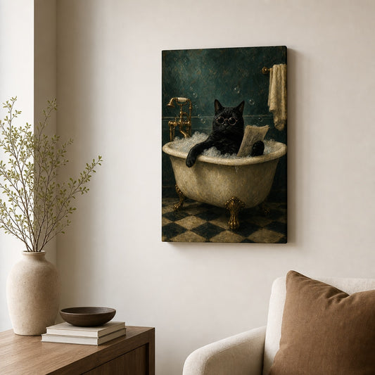 Funny Black Cat Bathtub Canvas Wall Art 01 12×18 inch thin wrapped canvas wall mockup