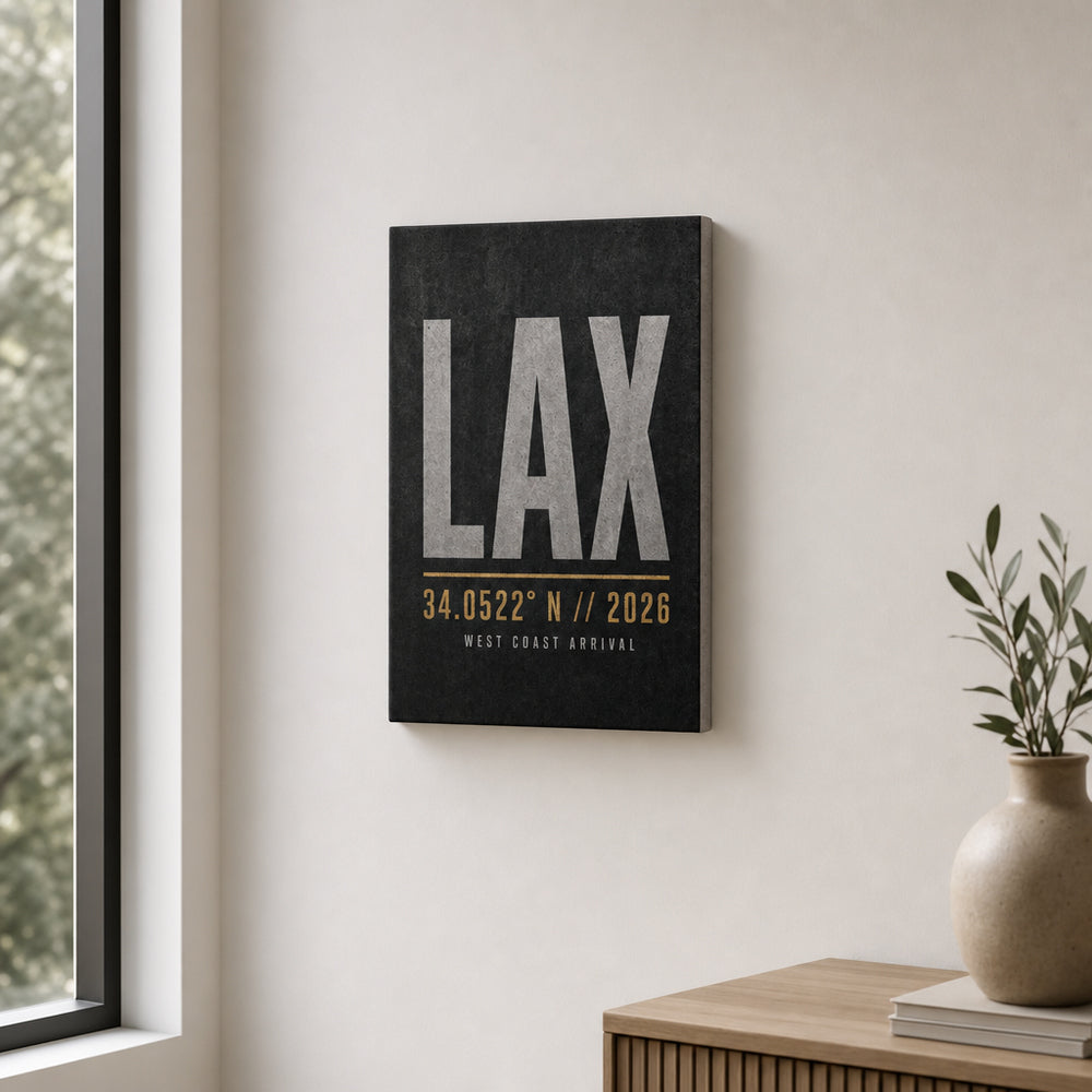LAX Airport Code Coordinates Canvas Wall Art 01 12×18 inch thin wrapped canvas wall mockup