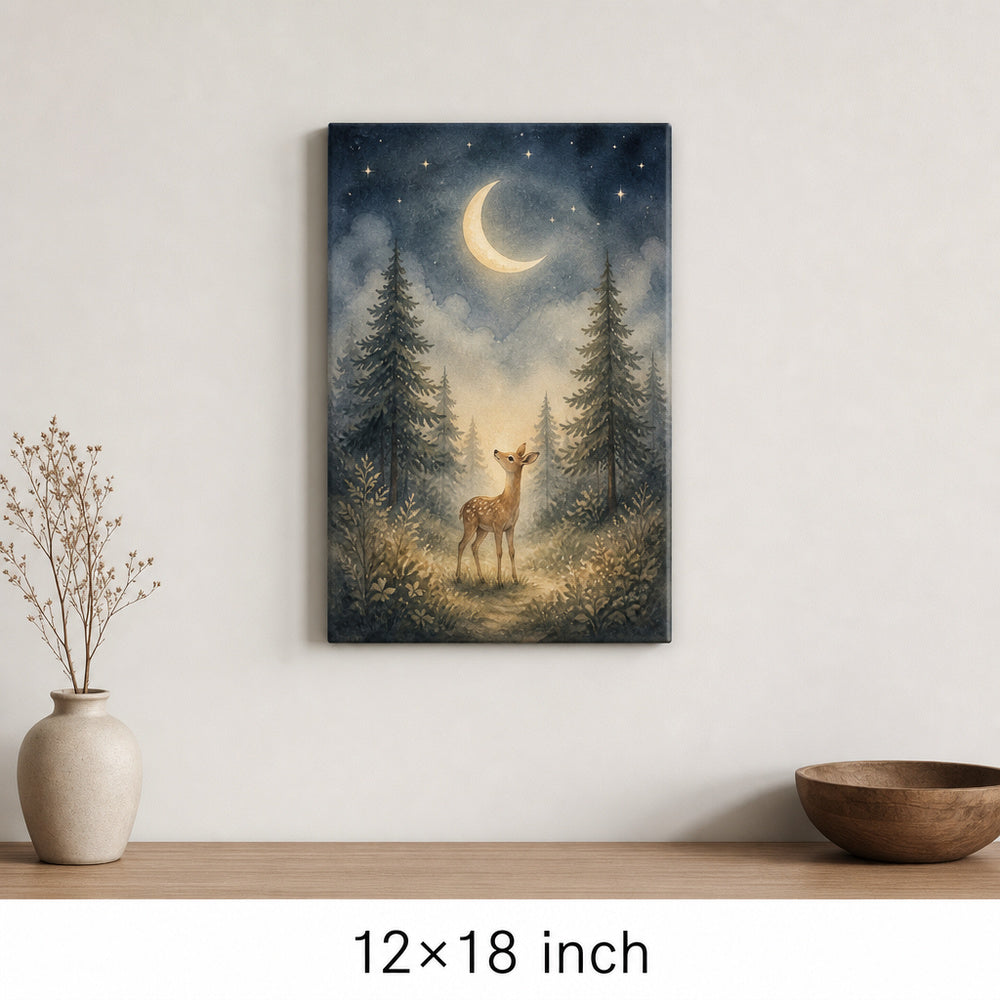 Moonlit Forest Deer Nursery Canvas Wall Art — 12×18 room mockup