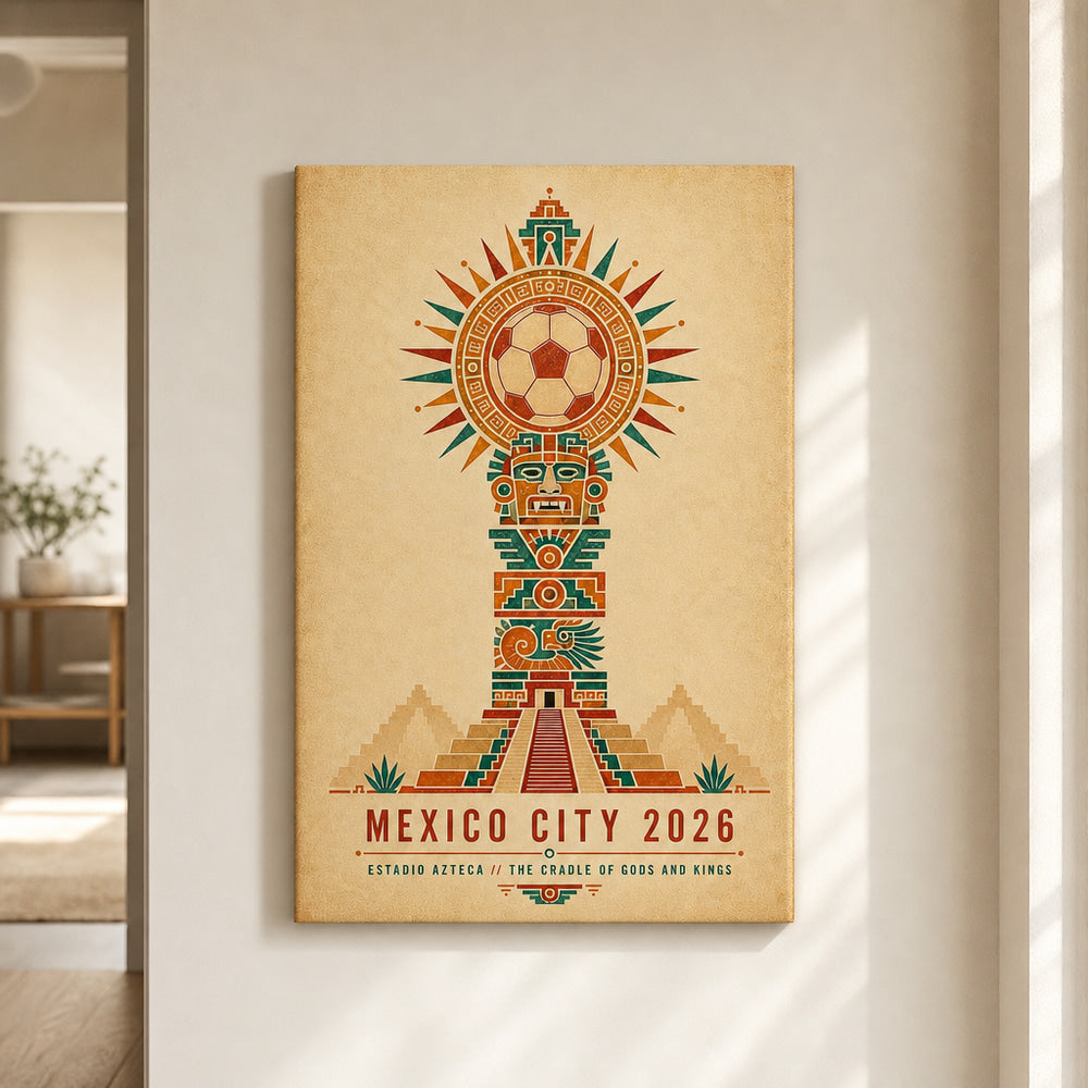 Mexico City 2026 Aztec Totem Soccer Canvas Wall Art 04 12×18 inch thin wrapped canvas wall mockup