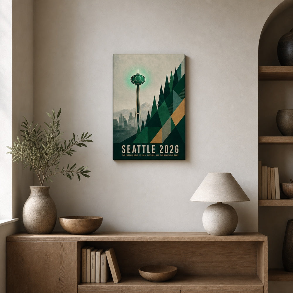 Seattle 2026 Emerald Roar Soccer Canvas Wall Art 02 12×18 inch thin wrapped canvas wall mockup