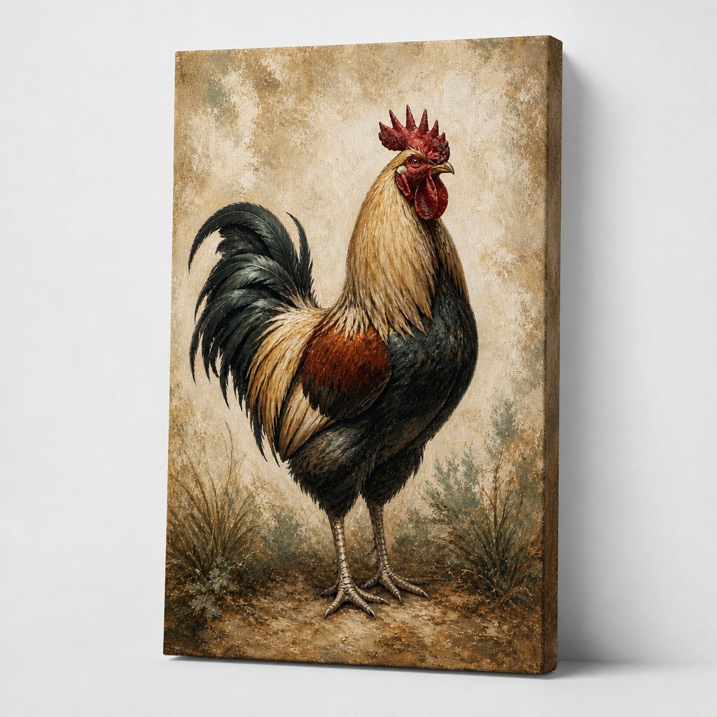 Rustic Rooster Farmhouse Canvas Wall Art right side wrapped canvas edge effect