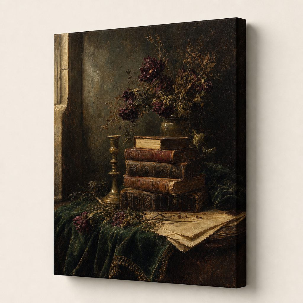 Dark Academia Library Still Life Canvas Wall Art – Draft - Right side wrapped canvas edge effect