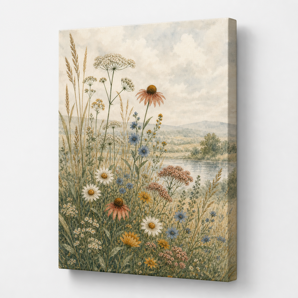 Wildflower Meadow Botanical Canvas Wall Art – Draft - Right side wrapped canvas edge effect