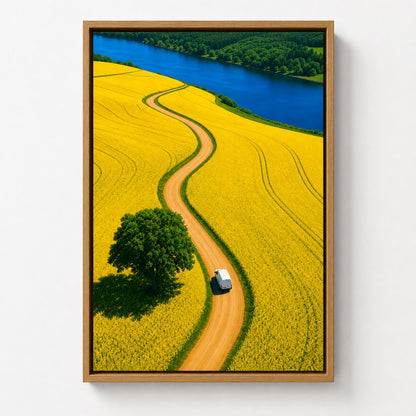 White Van Through Golden Fields Floater Frame Canvas Wall Art — alternate room scene in a brown floater frame