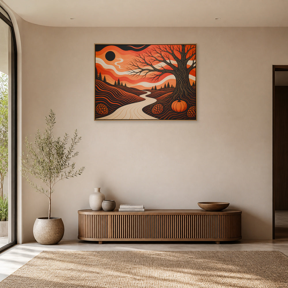 Autumn Winding Path Graphic Floating Frame Wall Art - 05_warm_oak_wall_scene