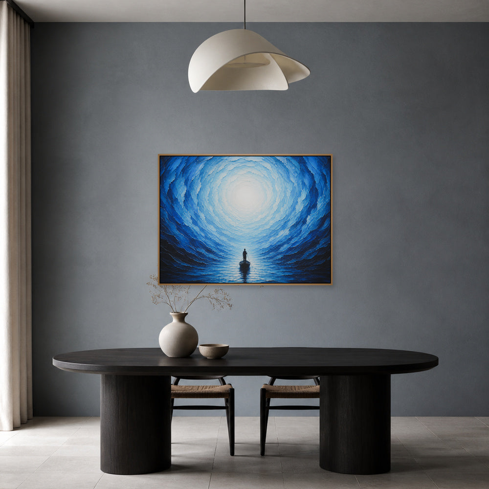 Blue Vortex Boat Journey Floating Frame Wall Art - 05_warm_oak_wall_scene