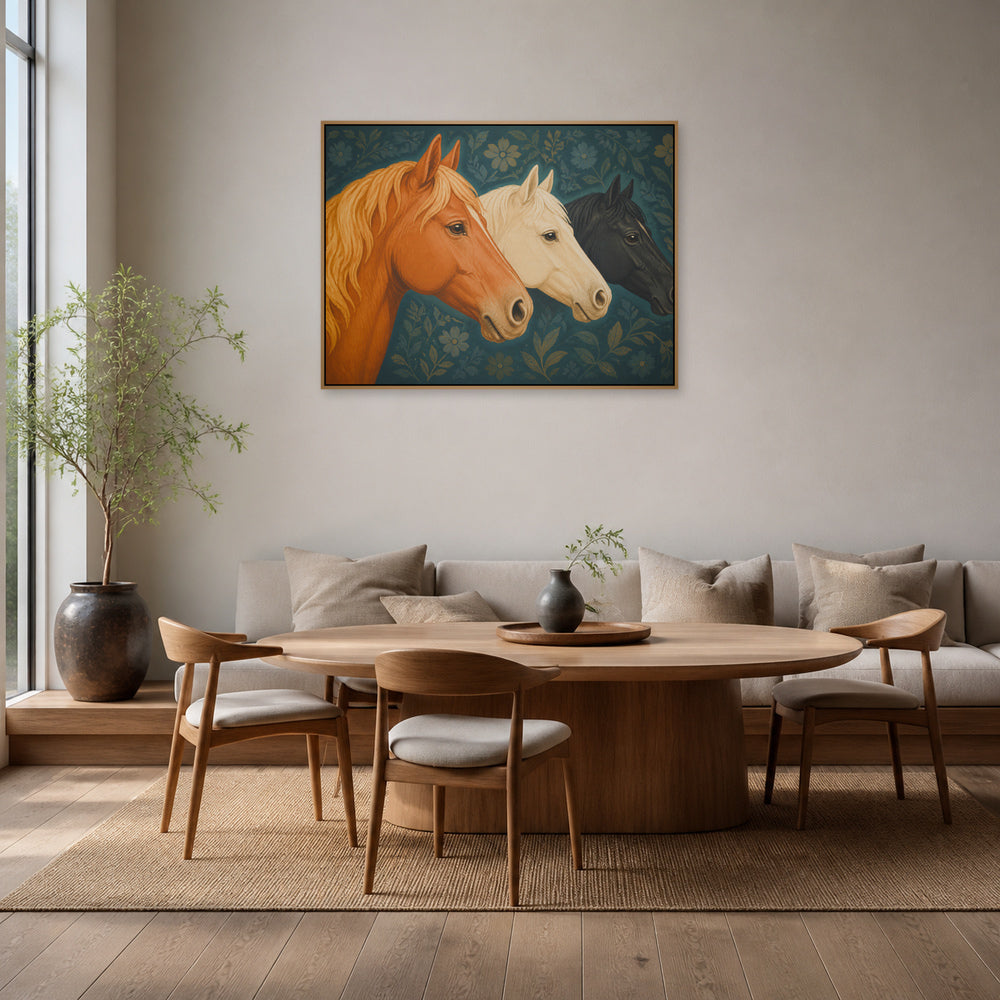 Three Horse Heads Brocade Floating Frame Wall Art - 05_warm_oak_wall_scene