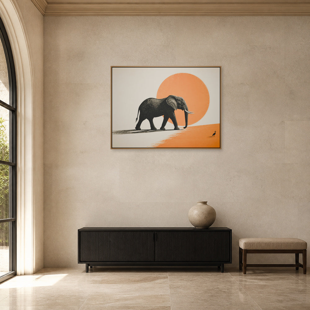 African Elephant and Orange Sun Floating Frame Wall Art - 05_warm_oak_wall_scene