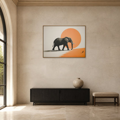African Elephant and Orange Sun Floating Frame Wall Art - 05_warm_oak_wall_scene