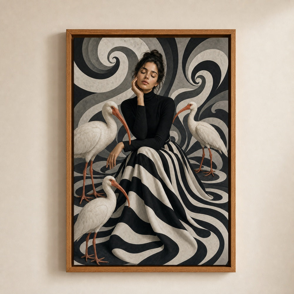 Woman Black White Stripes White Birds Wall Art floating frame wall art - 05
