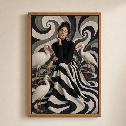 Woman Black White Stripes White Birds Wall Art floating frame wall art - 05