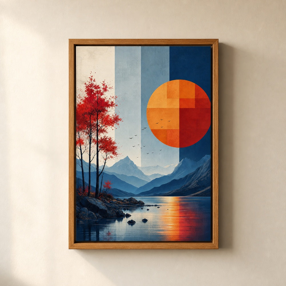 Geometric Sun Moon Mountains Lake Birds Wall Art floating frame wall art - 05