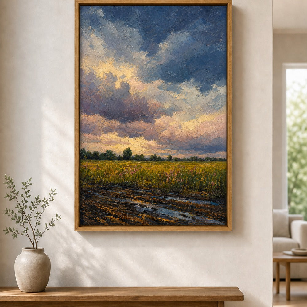 Storm Clouds Over Open Field Floater Frame Canvas Wall Art — alternate room scene in a brown floater frame