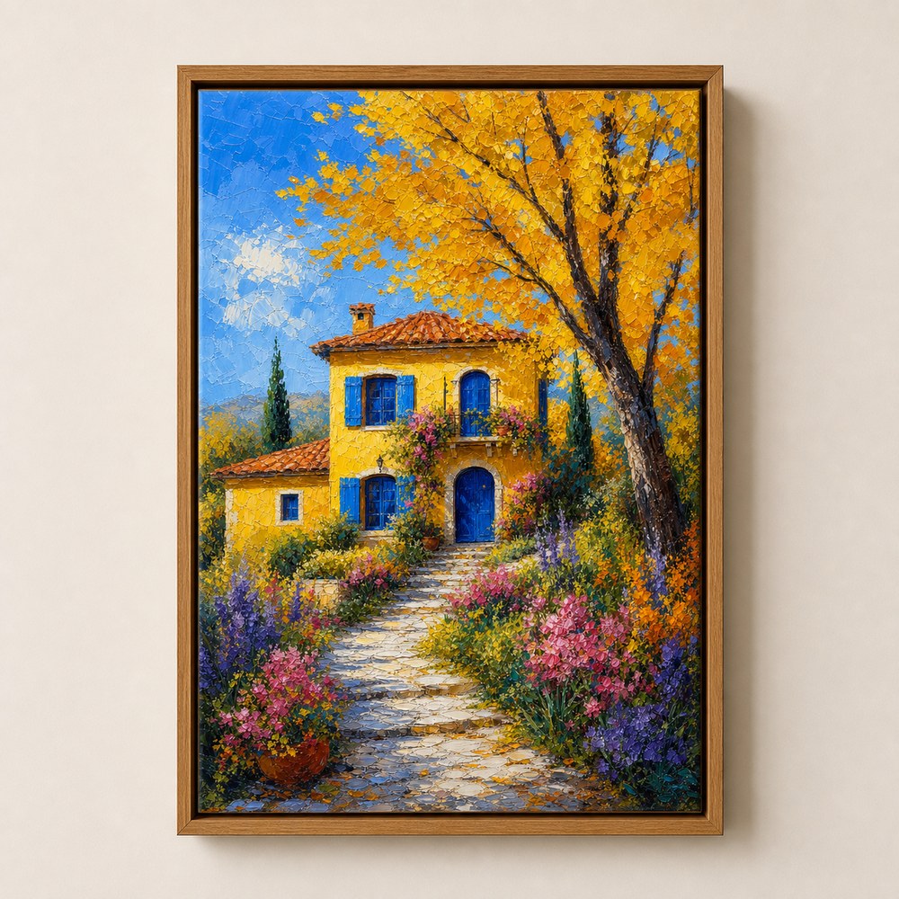 Yellow Country Villa Autumn Tree Wall Art floating frame wall art - 05