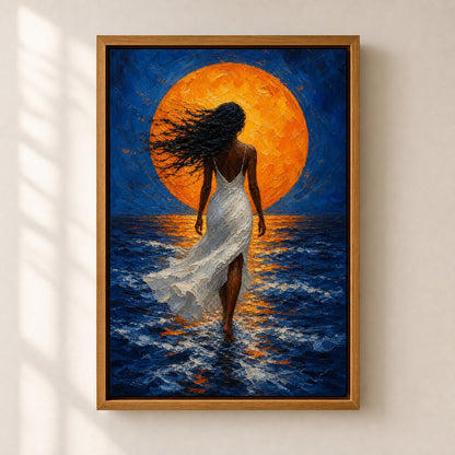 Woman White Dress Orange Sun Ocean Wall Art floating frame wall art - 05