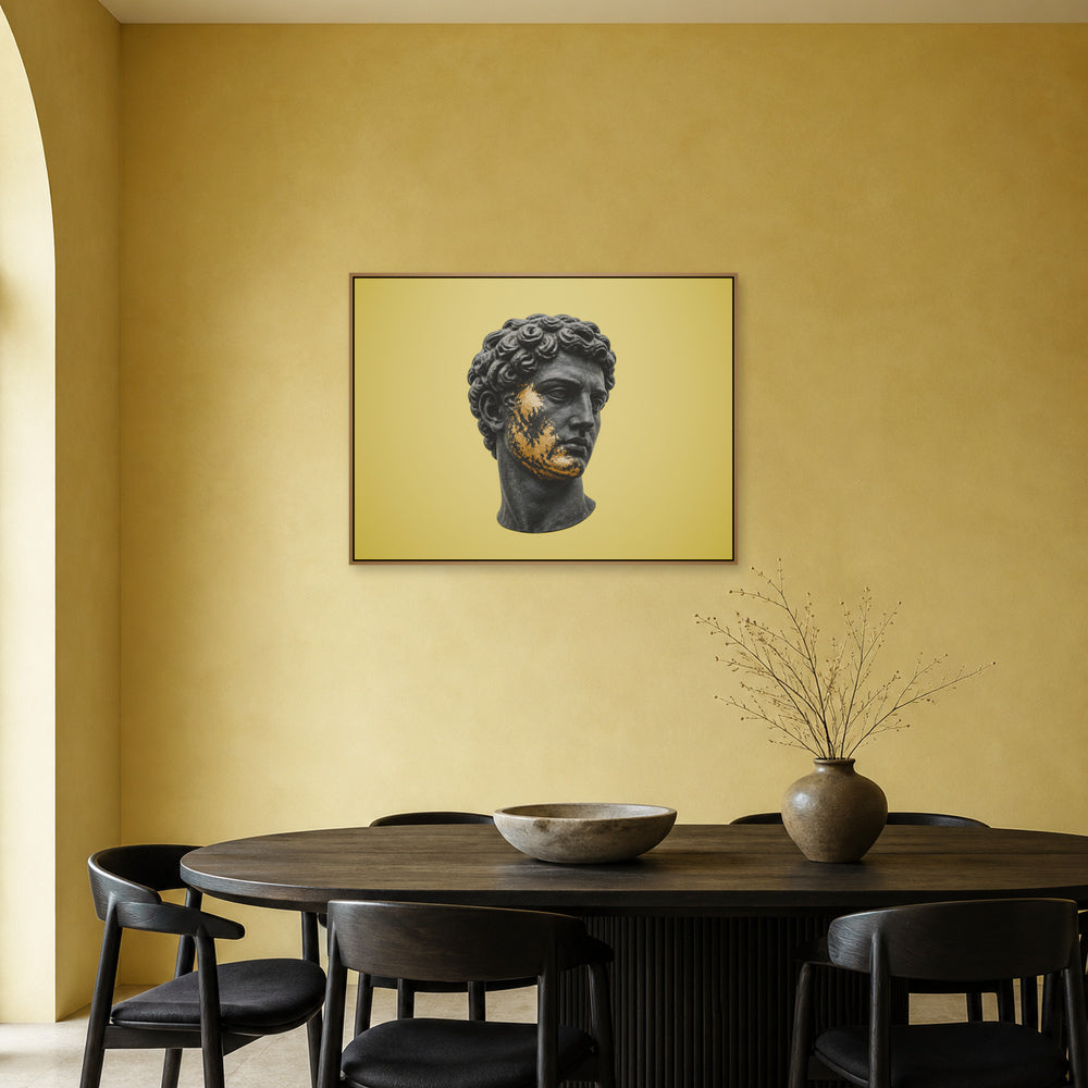 Gold Patina Classical Sculpture Floating Frame Wall Art - 05_warm_oak_wall_scene
