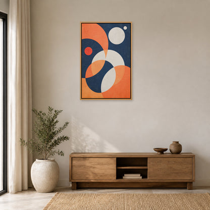 Navy Bauhaus Orbit Abstract Floating Frame Wall Art - 05_warm_oak_wall_scene