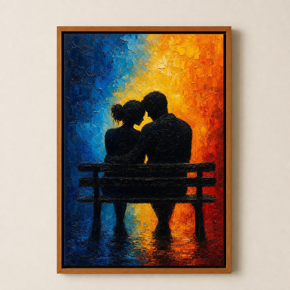 Couple Silhouette Bench Cold Warm Impasto Wall Art floating frame wall art - 05