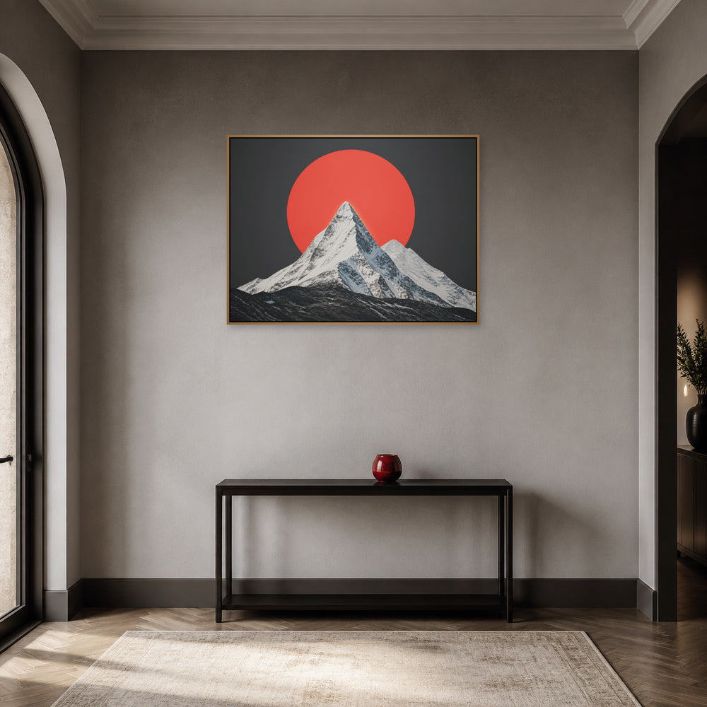 Red Sun Snow Mountain Floating Frame Wall Art - 05_warm_oak_wall_scene