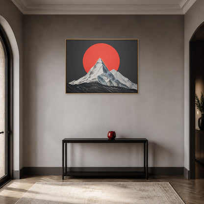 Red Sun Snow Mountain Floating Frame Wall Art - 05_warm_oak_wall_scene