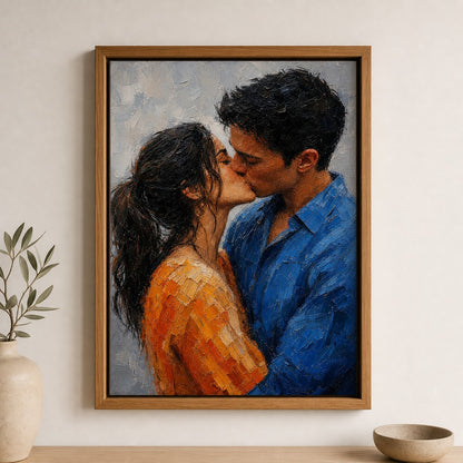 Kissing Couple Orange Blue Impasto Wall Art floating frame wall art - 05