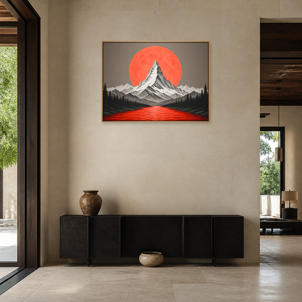 Orange Moon Red River Mountain Floating Frame Wall Art - 05_warm_oak_wall_scene