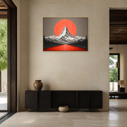 Orange Moon Red River Mountain Floating Frame Wall Art - 05_warm_oak_wall_scene