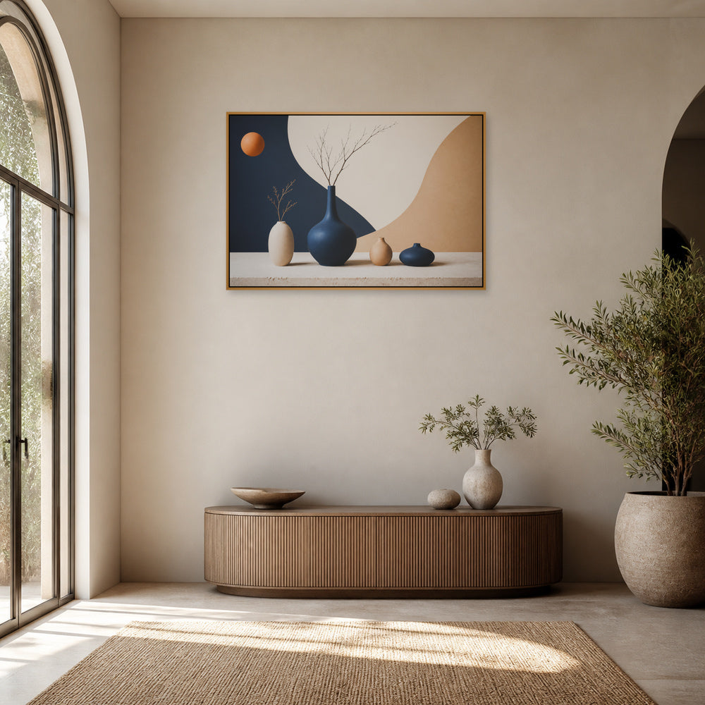 Modernist Ceramic Vase Still Life Floating Frame Wall Art - 05_warm_oak_wall_scene