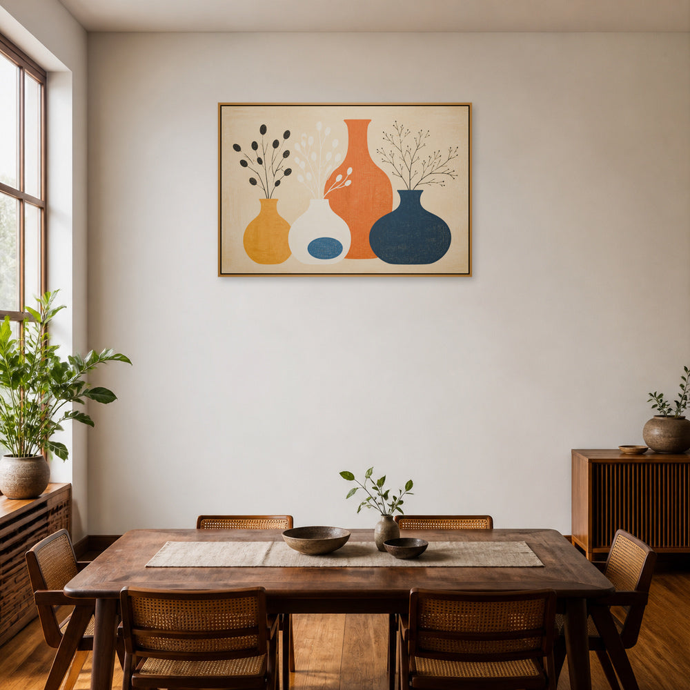Mid Century Botanical Vases Floating Frame Wall Art - 05_warm_oak_wall_scene