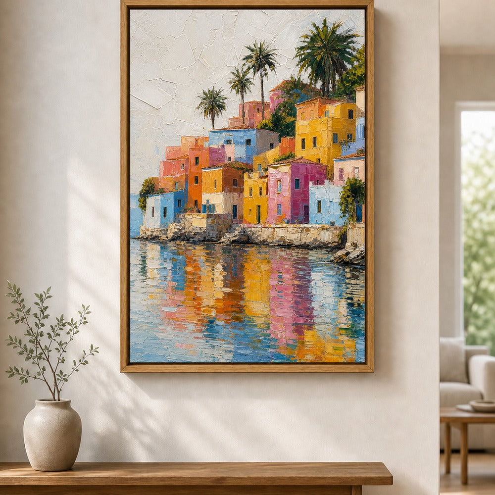 Colorful Mediterranean Coastal Village Floater Frame Canvas Wall Art — alternate room scene in a brown floater frame