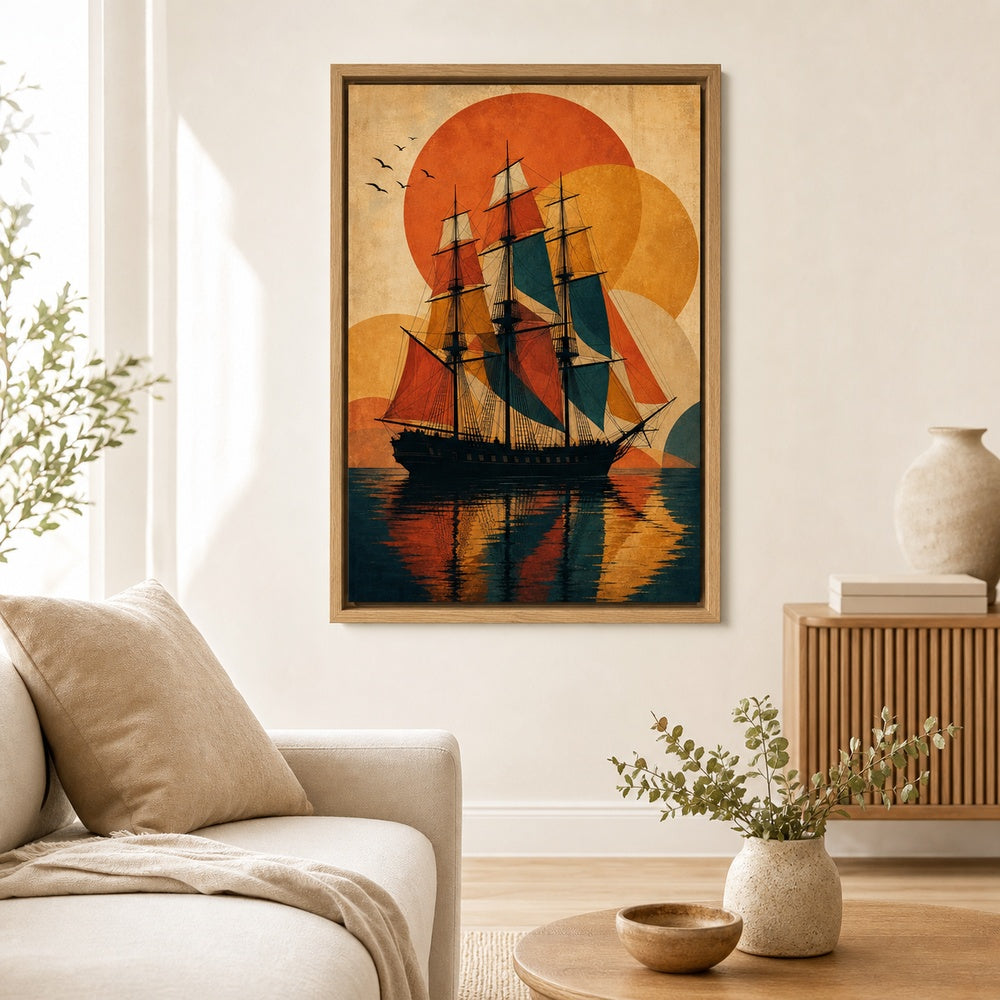 Black Three Mast Ship Retro Vector Wall Art floating frame wall art - 05