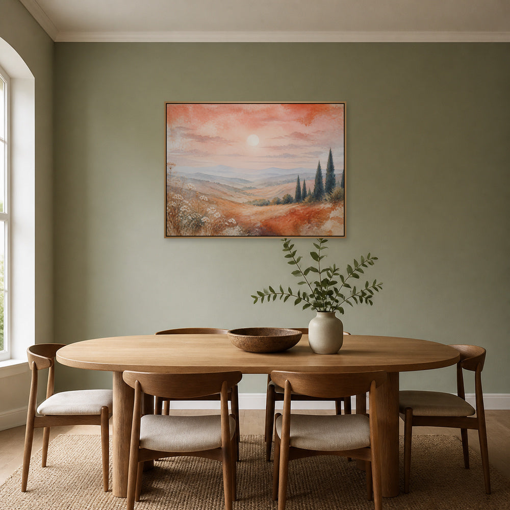 Tuscan Hills Watercolor Landscape Floating Frame Wall Art - 05_warm_oak_wall_scene