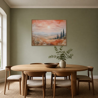 Tuscan Hills Watercolor Landscape Floating Frame Wall Art - 05_warm_oak_wall_scene