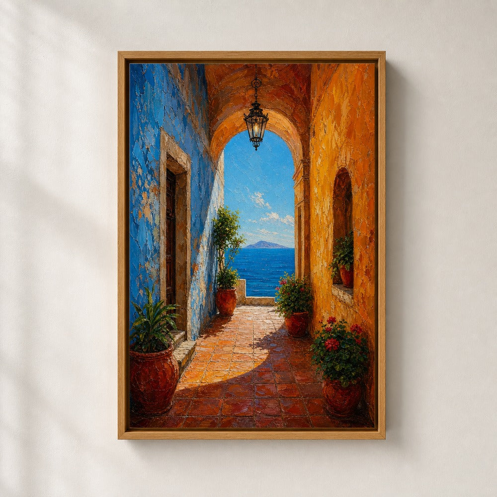 Mediterranean Arch Corridor Sea Impasto Wall Art floating frame wall art - 05