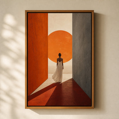 Woman White Dress Orange Sun Corridor Wall Art floating frame wall art - 05
