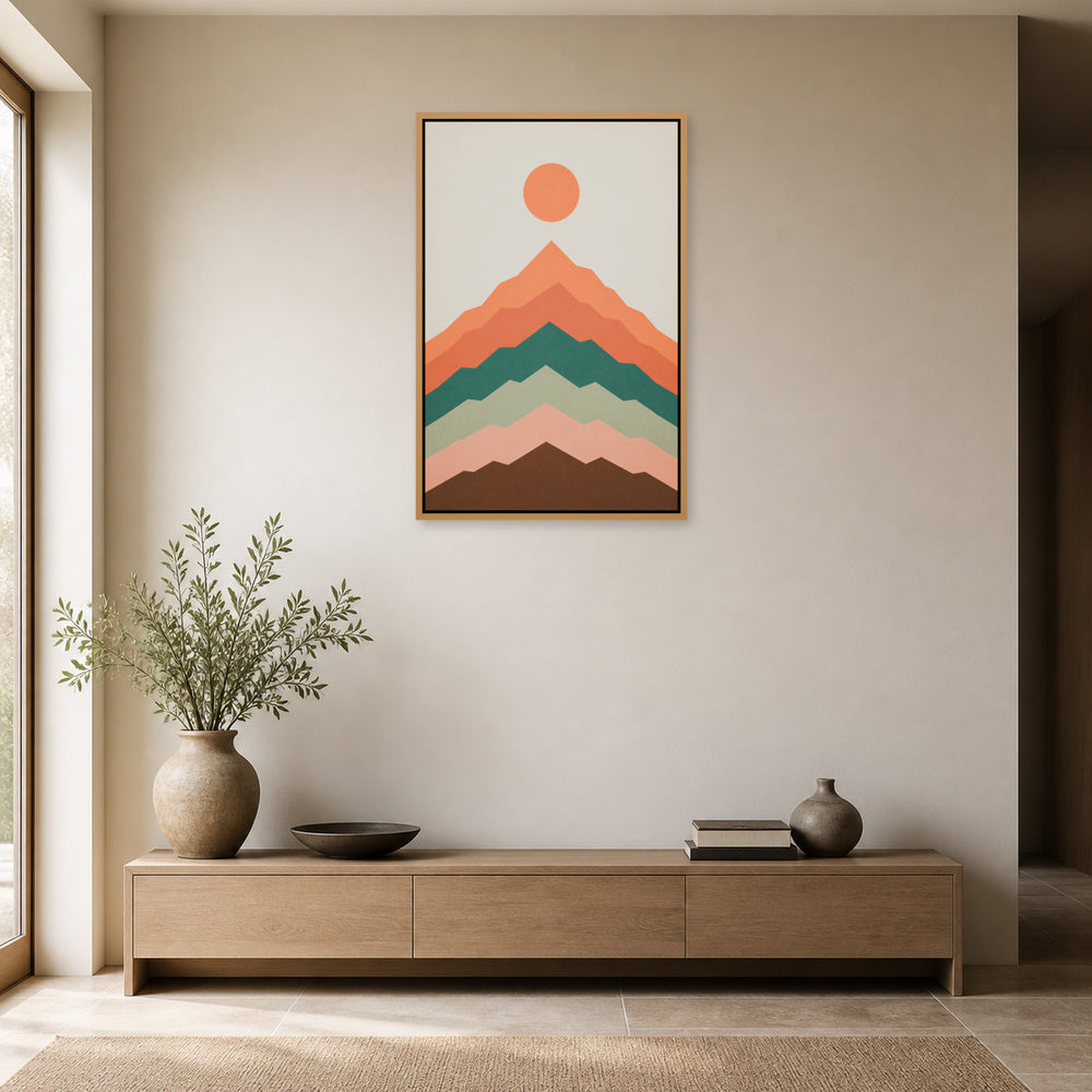 Layered Modernist Mountain Floating Frame Wall Art - 05_warm_oak_wall_scene