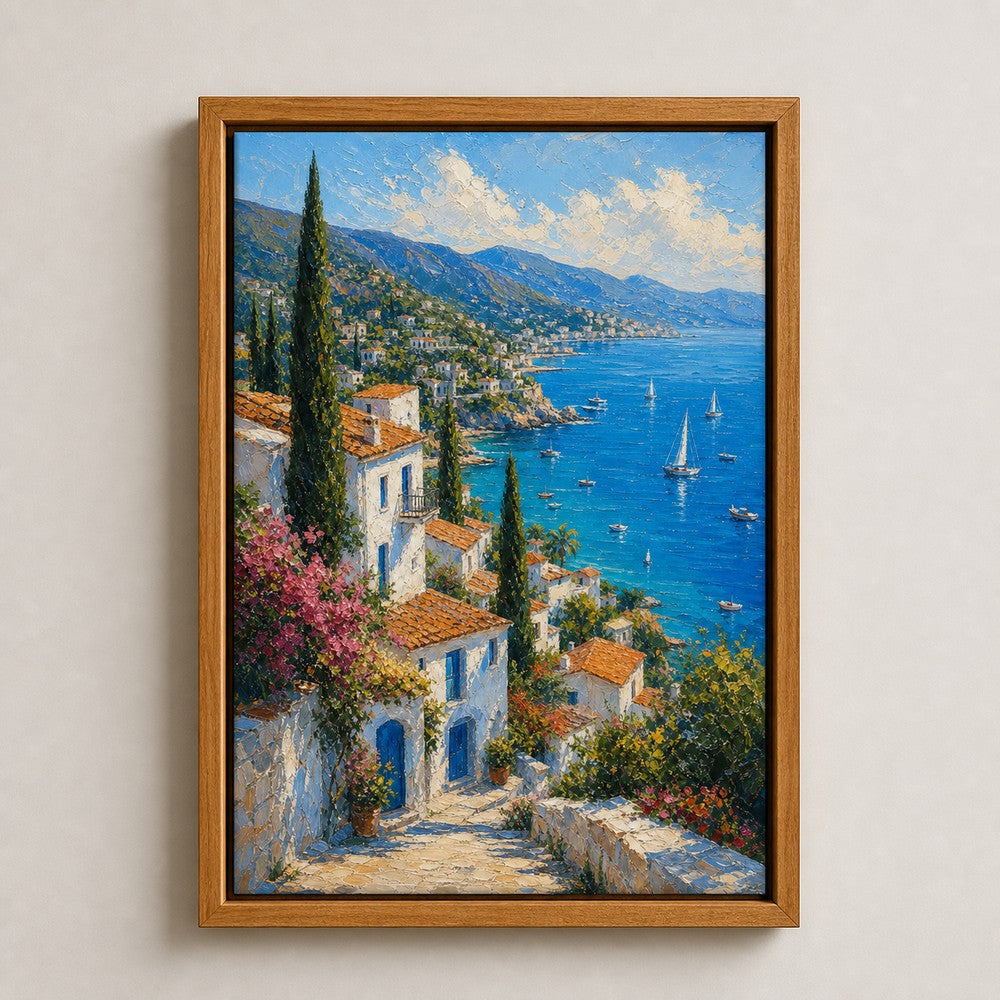 Mediterranean Coastal Village Impasto Wall Art floating frame wall art - 05