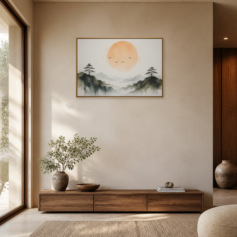 Amber Sun Pine Mountain Watercolor Floating Frame Wall Art - 05_warm_oak_wall_scene