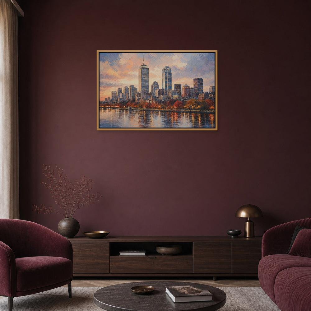 Boston Autumn Sunset Skyline Floating Frame Wall Art - 05_warm_oak_wall_scene