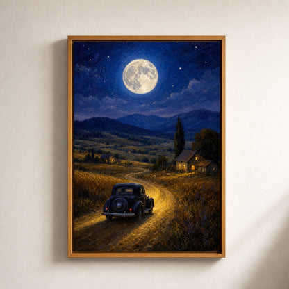 Country Night Full Moon Vintage Car Wall Art floating frame wall art - 05