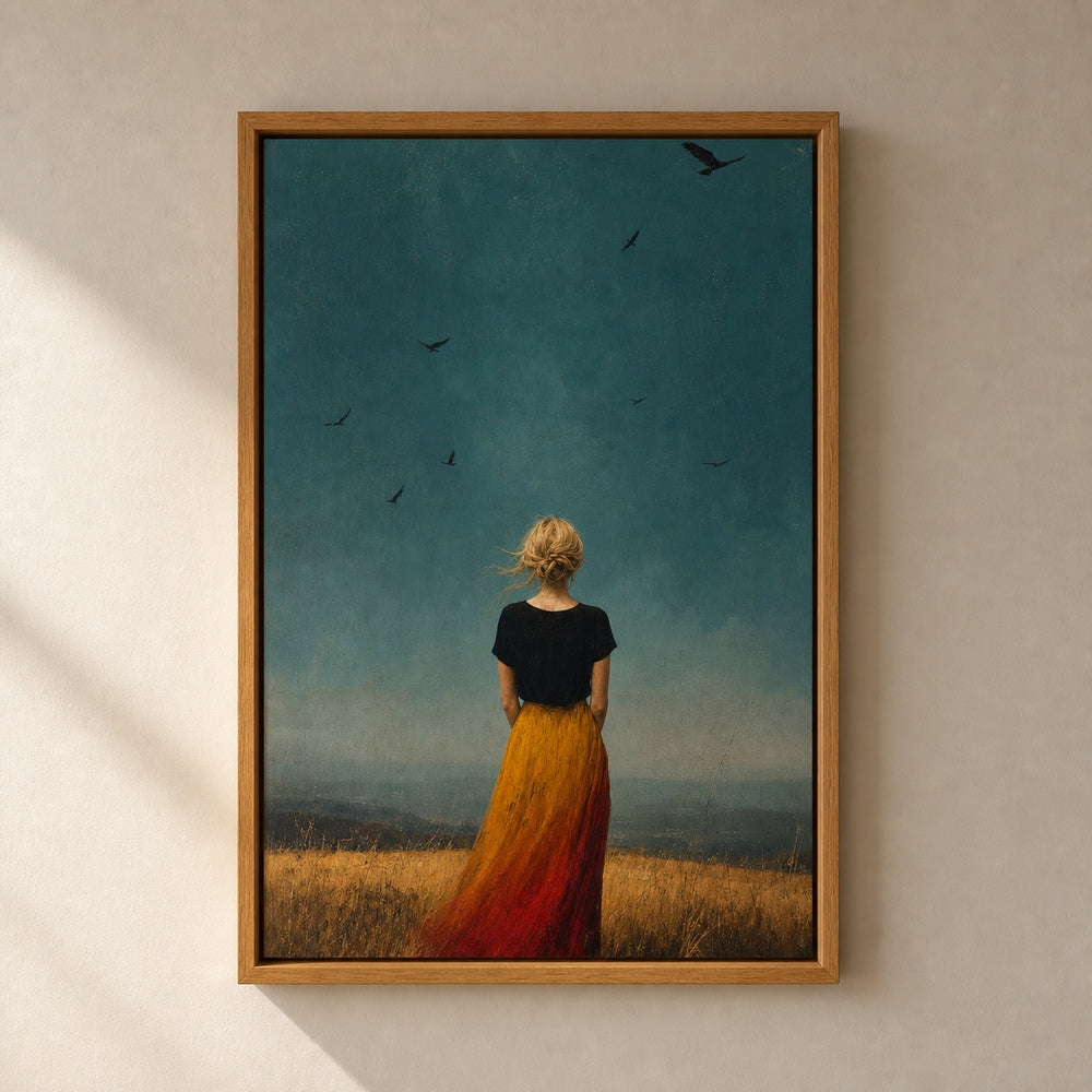 Blonde Woman Gold Grass Teal Sky Wall Art floating frame wall art - 05