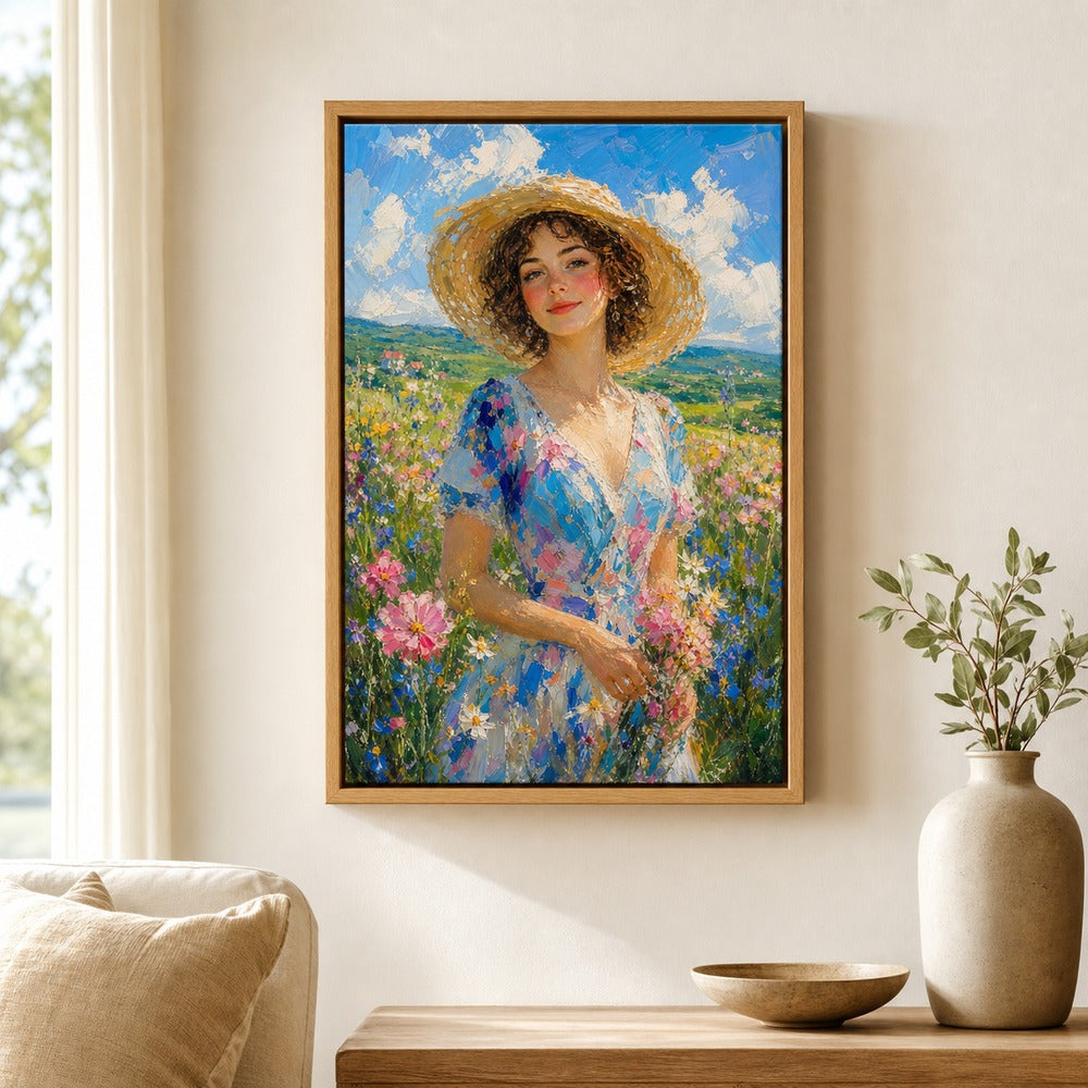 Impressionist Young Woman Wildflowers Hat Wall Art floating frame wall art - 05