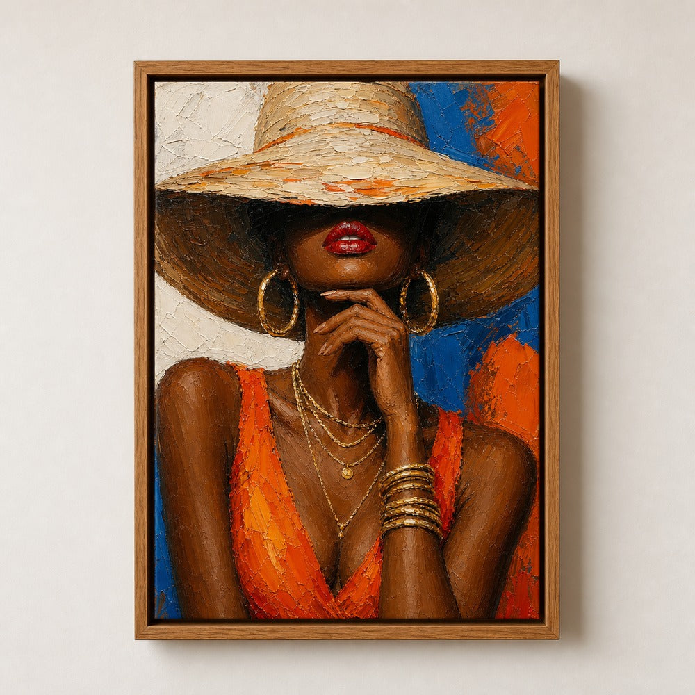 Black Woman Hat Orange Fashion Impasto Wall Art floating frame wall art - 05