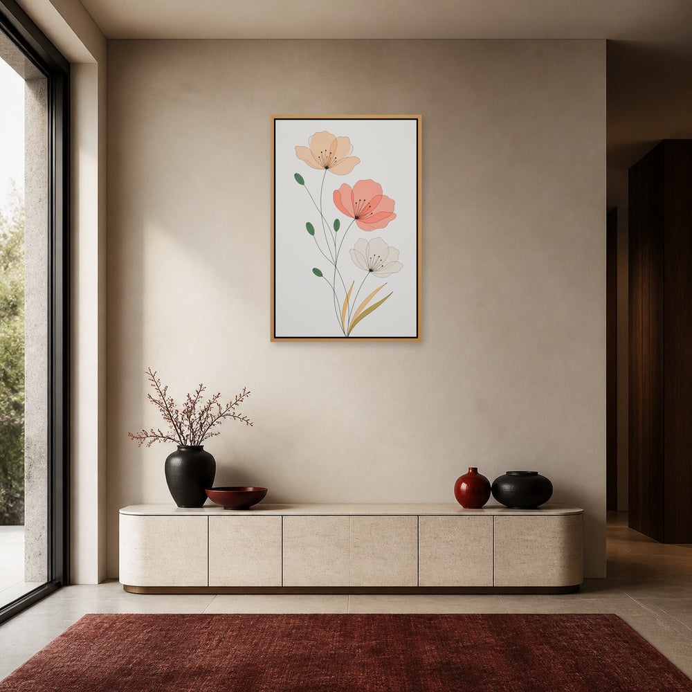 Minimalist Three Flowers Line Art Floating Frame Wall Art - 05_warm_oak_wall_scene