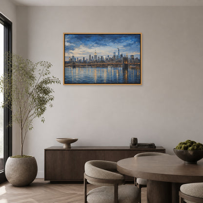 New York Blue Hour Skyline Floating Frame Wall Art - 05_warm_oak_wall_scene