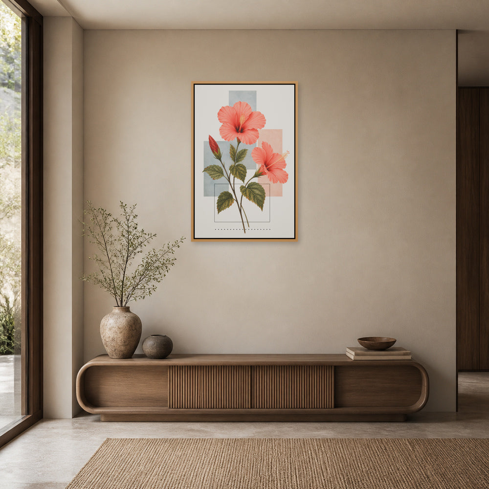 Hibiscus Geometric Collage Floating Frame Wall Art - 05_warm_oak_wall_scene