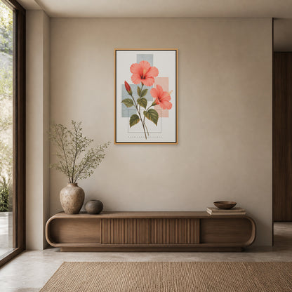 Hibiscus Geometric Collage Floating Frame Wall Art - 05_warm_oak_wall_scene