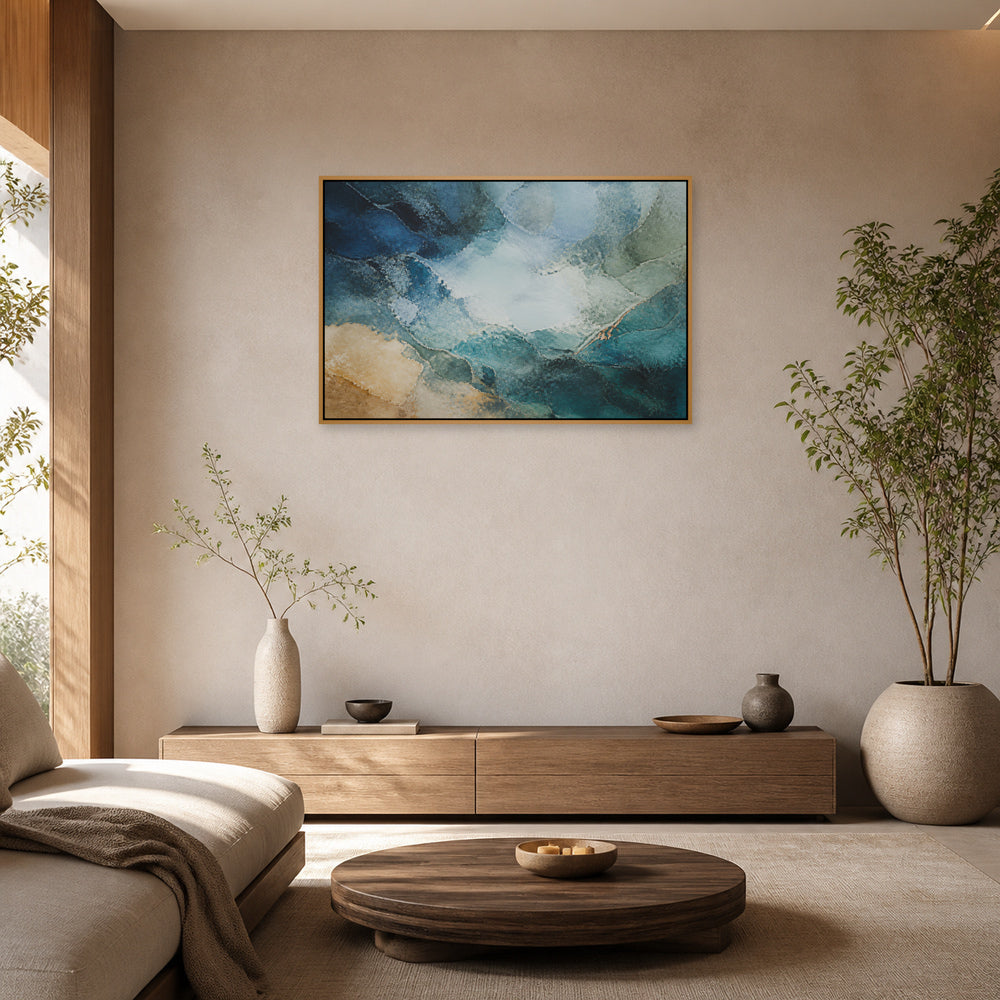 Blue Green Mineral Atmosphere Abstract Floating Frame Wall Art - 05_warm_oak_wall_scene