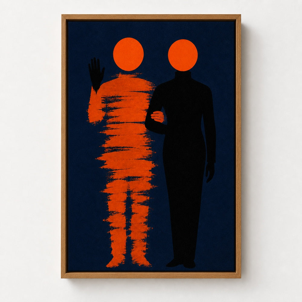 Orange Circle Minimalist Figures Floater Frame Canvas Wall Art — alternate room scene in a brown floater frame